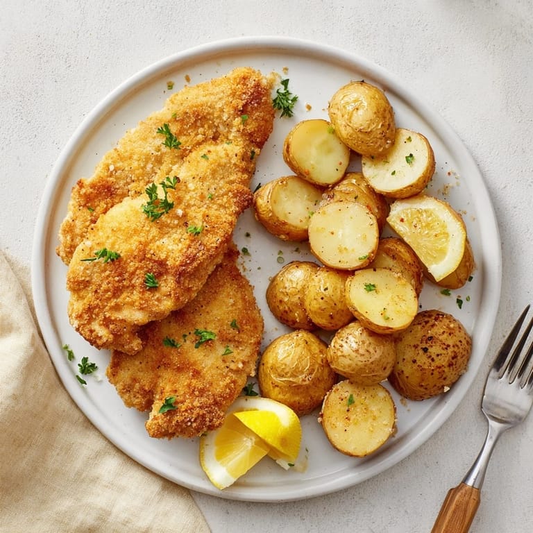 Imagine tender chicken with crispy Parmesan crust alongside flavorful roasted potatoes in this recipe.