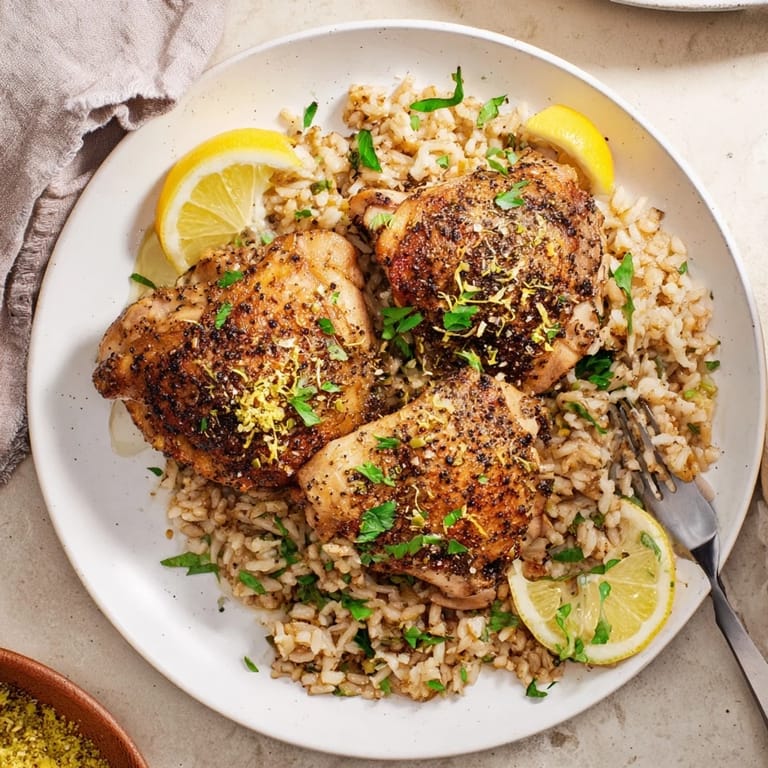 Juicy Lemon Pepper Chicken breasts with a vibrant, citrusy glaze alongside a warm rice pilaf.