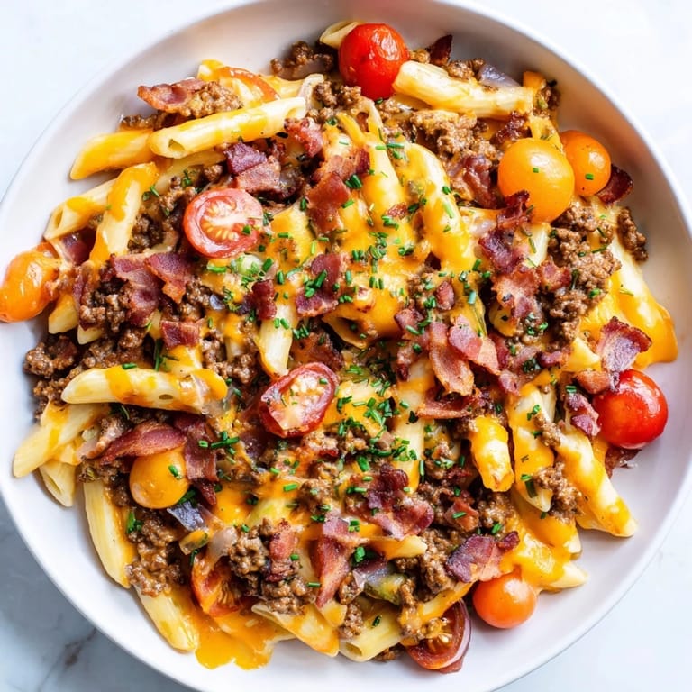 Golden-brown Bacon Cheeseburger Pasta Bake, perfect for a cozy weeknight comfort food dinner.
