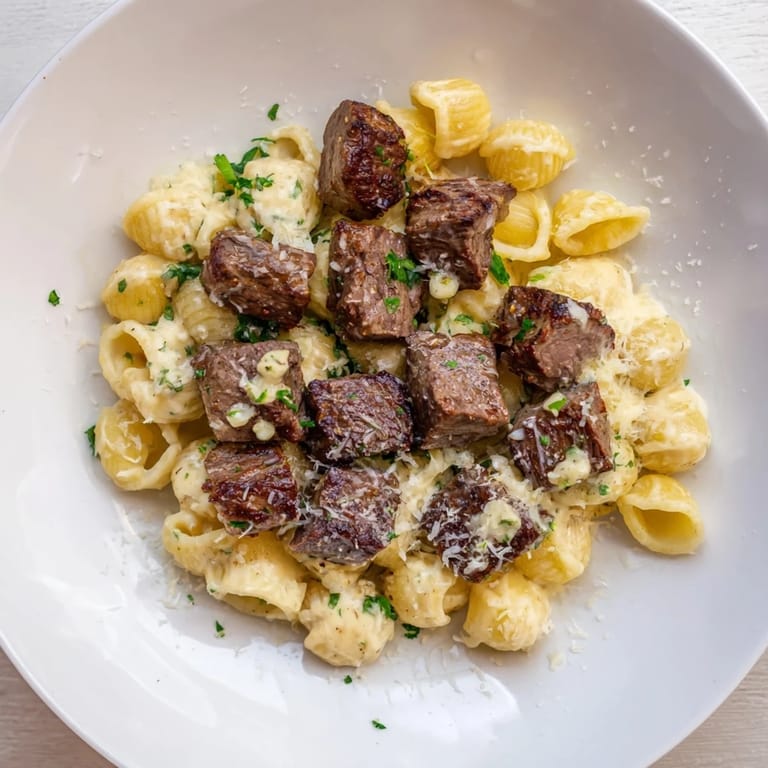 Delicious garlic butter steak bites with cheesy shells—a perfect and quick weeknight American meal.
