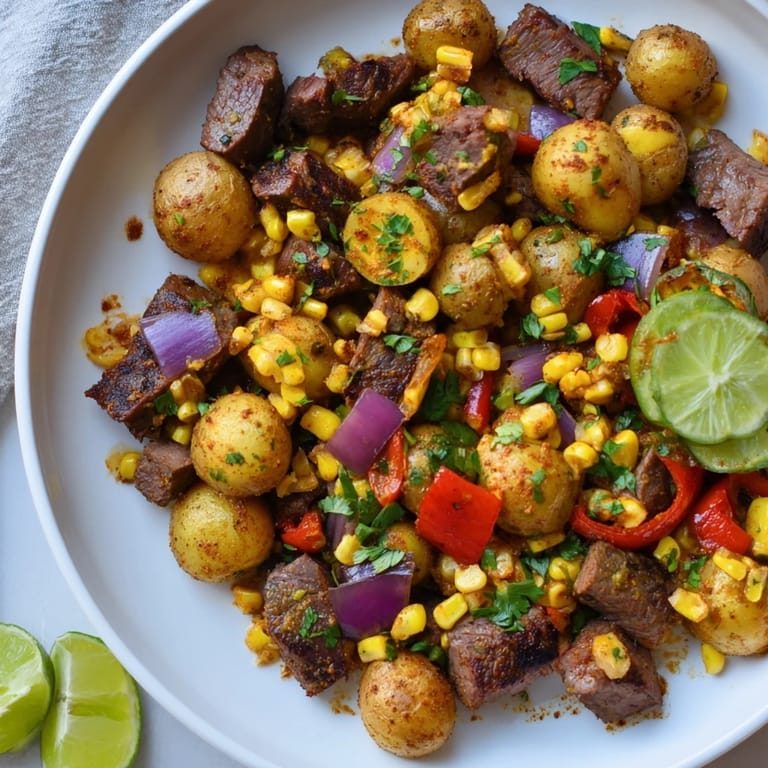 A sizzling pan of Southwest Steak & Potato Skillet with browned steak cubes and golden potatoes, so inviting.