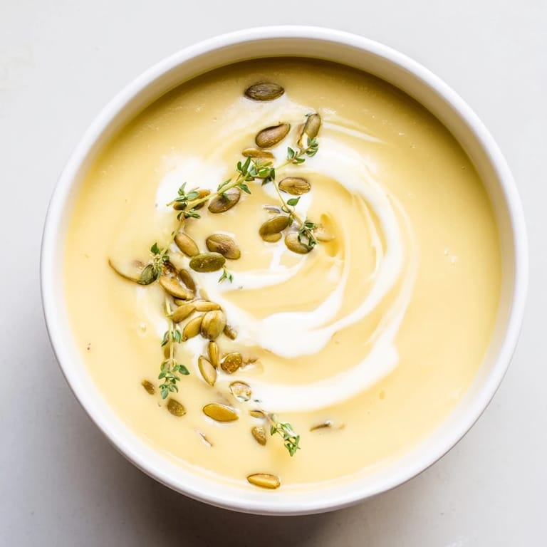 A close-up of a warm, velvety creamy roasted acorn squash soup, perfect for fall flavors.