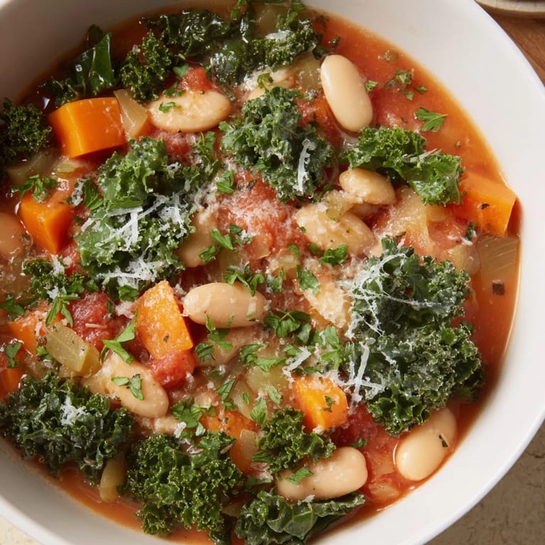Close-up of the flavorful Italian Bean & Kale Stew, with simmered beans and fresh garnishes.