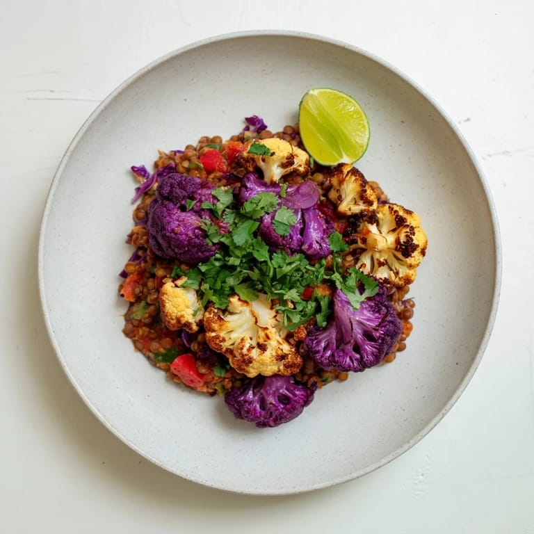 This flavorful bowl of red cabbage, cauliflower & coconut dhal is a vibrant, vegan, gluten-free delight.
