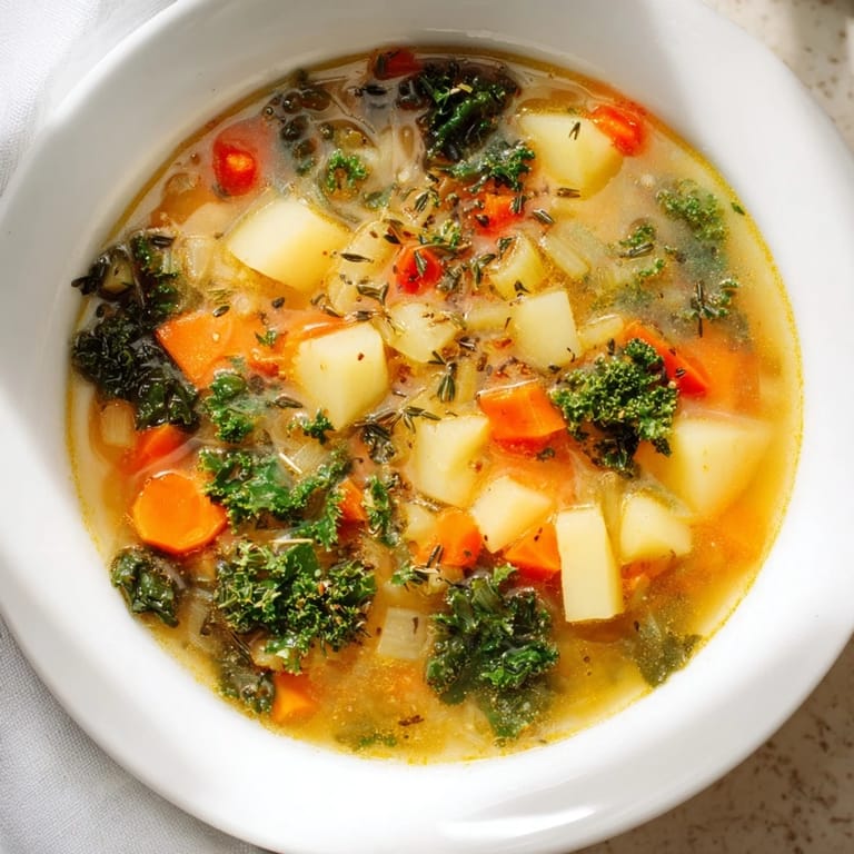 Homemade Vegetarian Potato-Kale Soup simmering in a pot, smelling fragrant for comfort food.
