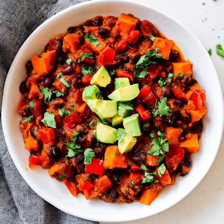 A close-up of a flavorful Sweet Potato & Black Bean Chili recipe, showcasing the hearty ingredients.
