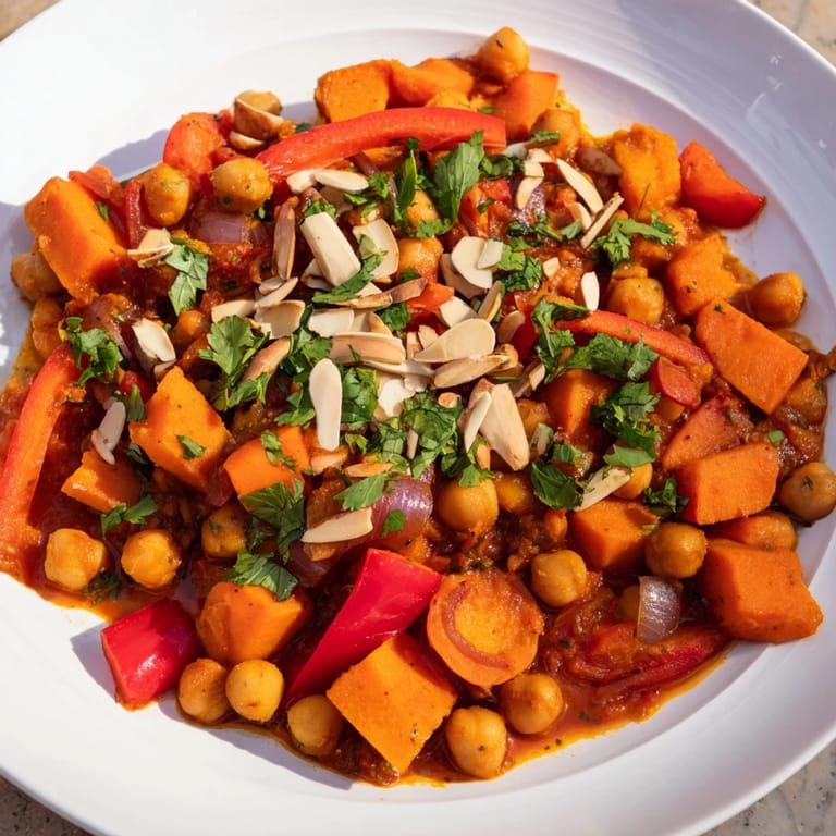 Hearty vegan Moroccan Chickpea & Sweet Potato Tagine simmered to perfection, with tender sweet potatoes and chickpeas.