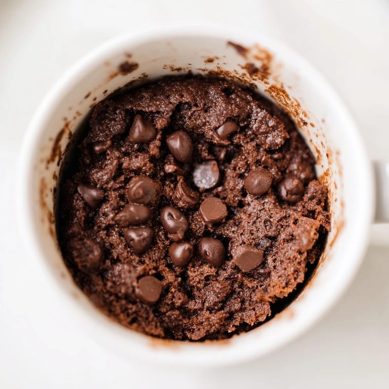 A close-up of a perfectly cooked chocolate microwaved mug cake, showing rich texture and moist crumbs.