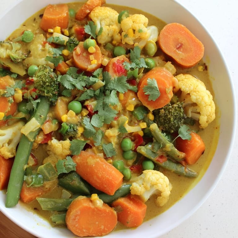 Fresh cilantro garnishes a colorful bowl of veggie coconut curry; perfect with warm rice or naan.