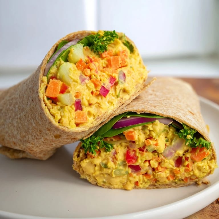 Close-up of a perfectly rolled chickpea salad wrap, filled with colorful ingredients for a healthy lunch.