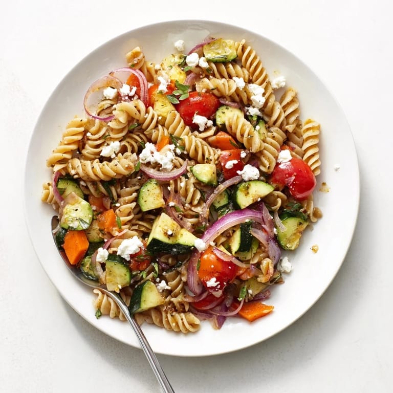 A close-up of the flavorful pasta salad with fresh tomatoes and herbs, perfect for picnics.