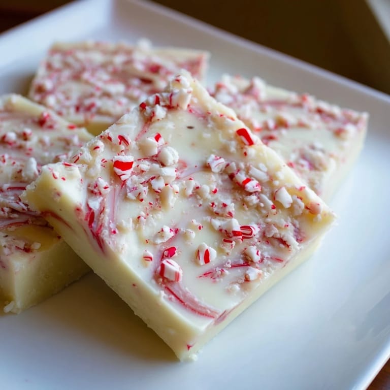 Close-up of creamy white chocolate peppermint bark fudge, a festive holiday treat, perfectly swirled.