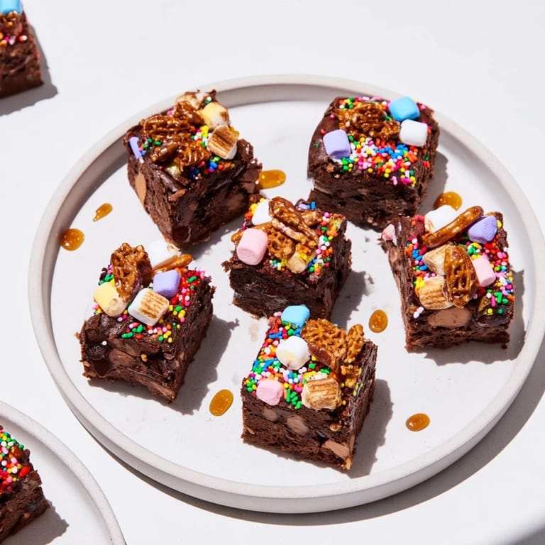 Close-up of freshly cut Chaos Chocolate Cake Bites with visible sprinkles and nuts, ready to enjoy.