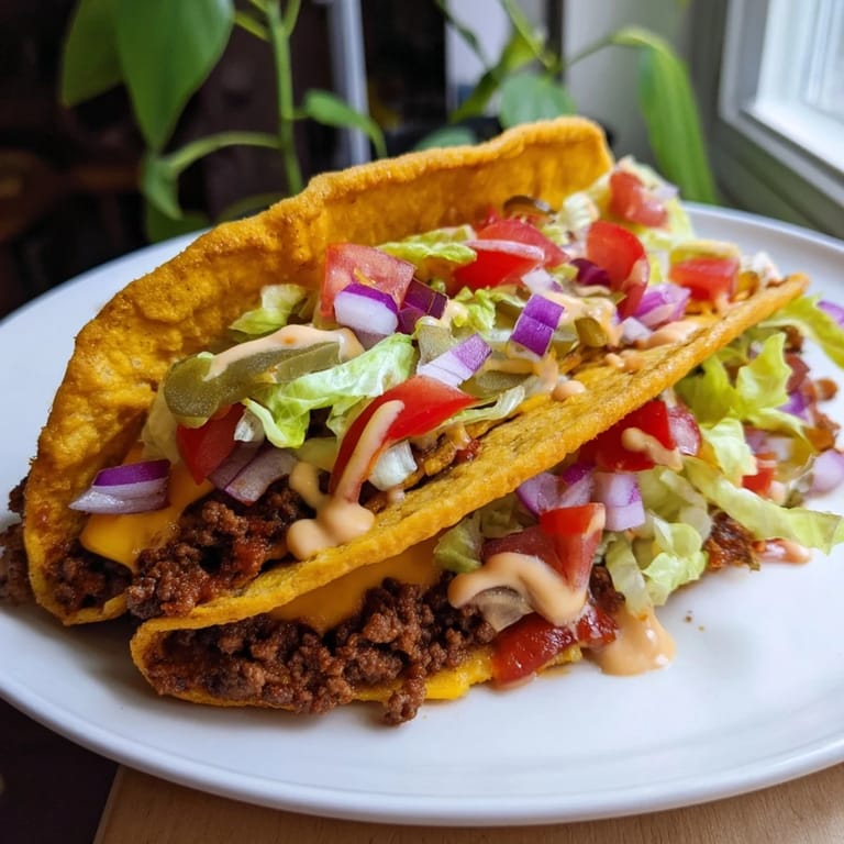 A close-up of crispy Viral Cheeseburger Tacos, showing the juicy beef filling and cheesy goodness oozing out.