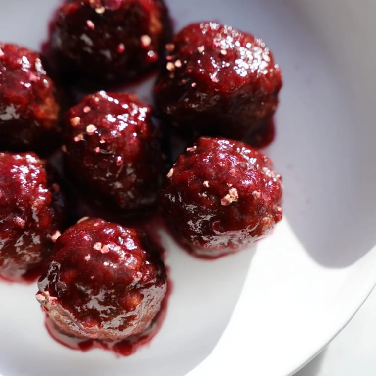 Homemade cherry-glazed meatballs: bite-sized comfort food, coated in rich cherry glaze for a snack.