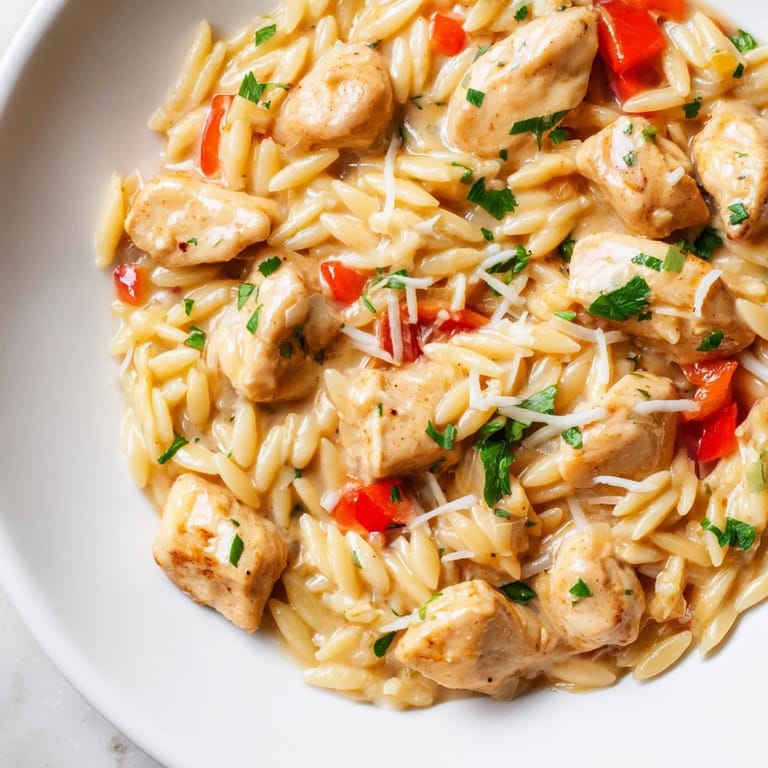 This photo shows a bubbling One-Pot Cajun Chicken Alfredo Orzo with a sprinkle of fresh parsley on top.