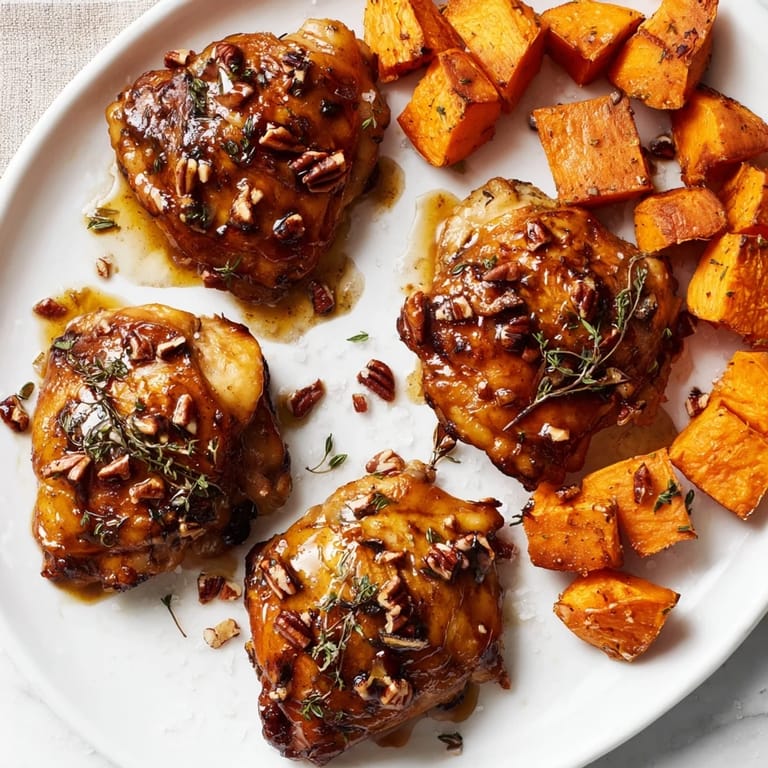 One-pan, easy maple glazed chicken and sweet potatoes: a flavorful, gluten-free American comfort food dinner.