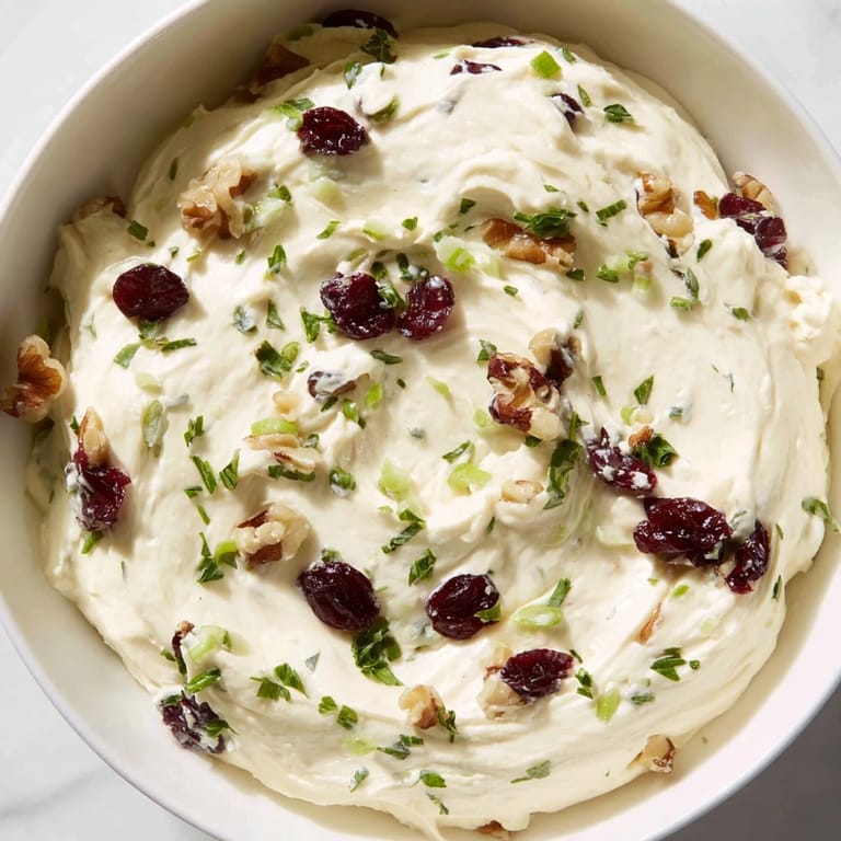 Tangy Lightened Holiday Cream Cheese Dip, garnished with fresh herbs and nuts, perfect as a holiday appetizer.
