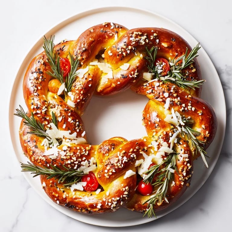 Festive, delicious budget holiday pretzel wreath garnished with fresh rosemary and bright cherry tomatoes.