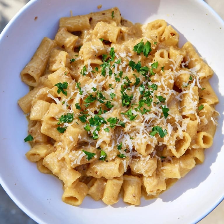 A comforting close-up showcases the rich, cheesy top of the flavorful Creamy French Onion Ditalini pasta dish.