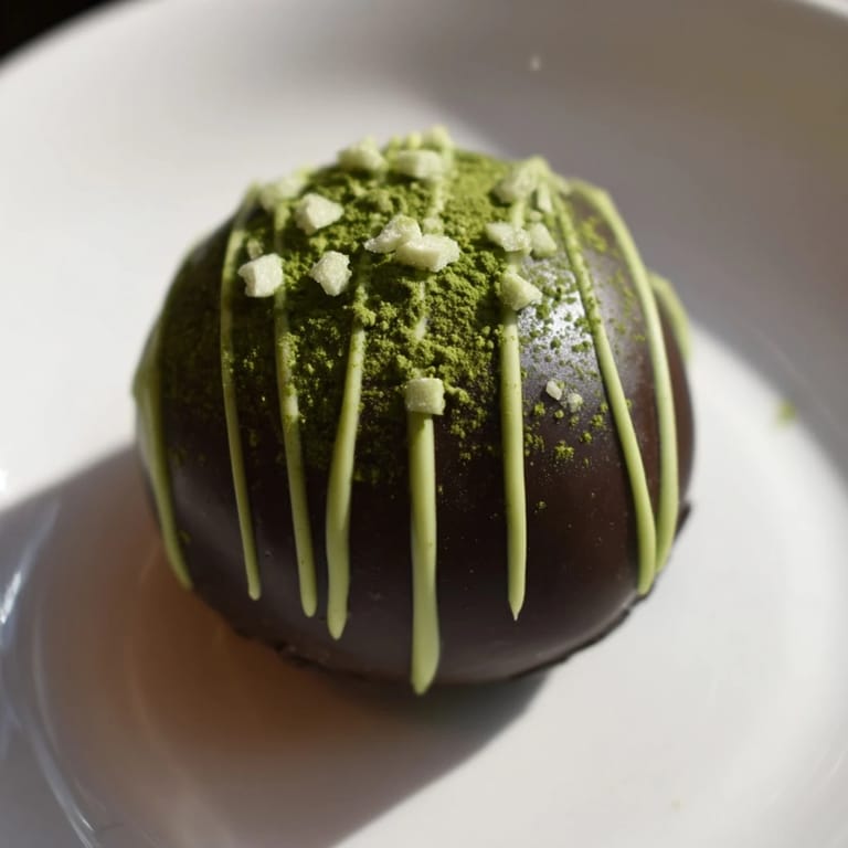 Vibrant green Matcha Dark Chocolate Peppermint Truffles, a sophisticated dessert with peppermint drizzle.