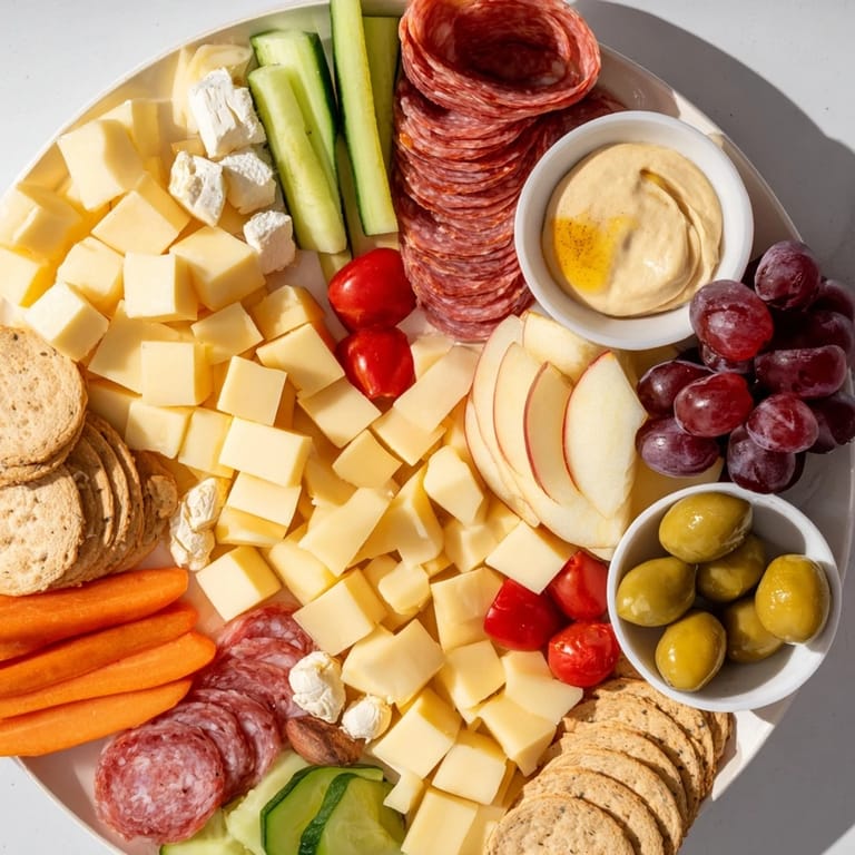 A colorful picnic basket snack board overflowing with cheddar, grapes, and hummus, perfect for sharing.