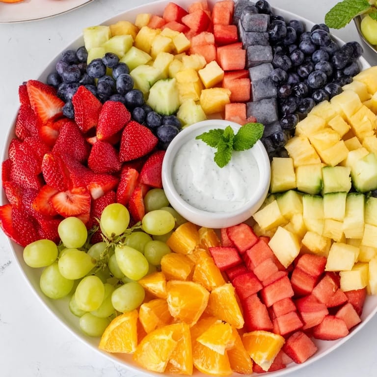 Vibrant Beach Ball Fruit Platter with strawberries, blueberries, and pineapple, perfect for a picnic.