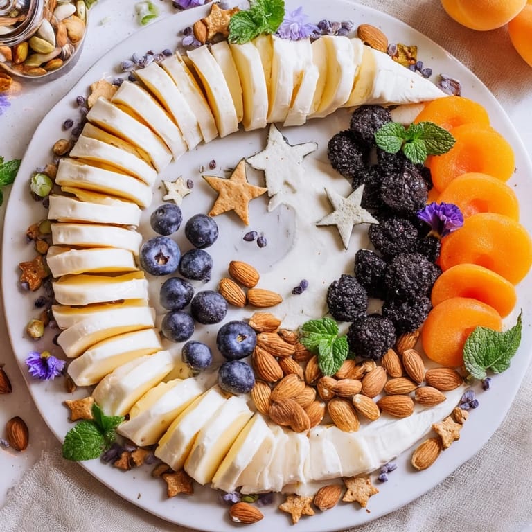 This delicious Crescent Moon Midnight Snack Board features vibrant fruits and a variety of gourmet cheeses.