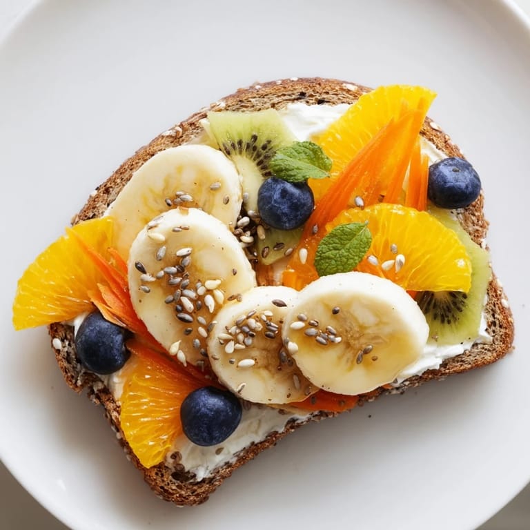 Bright Morning Sun Breakfast Toast Designs showcasing colorful fruits over creamy spreads for a healthy meal.