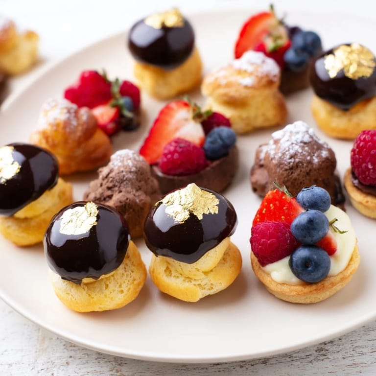 Delectable array of Piste de Train Mignardises, featuring miniature pastries dusted with powdered sugar, ready to serve.
