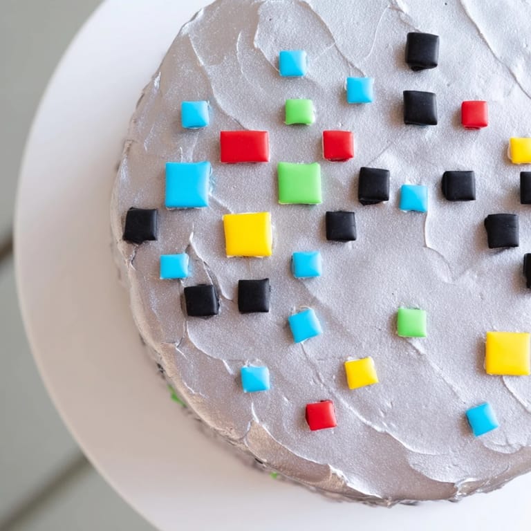 Homemade Pixel Video Game Controller Cake, baked with vanilla and adorned with detailed, colorful fondant squares.