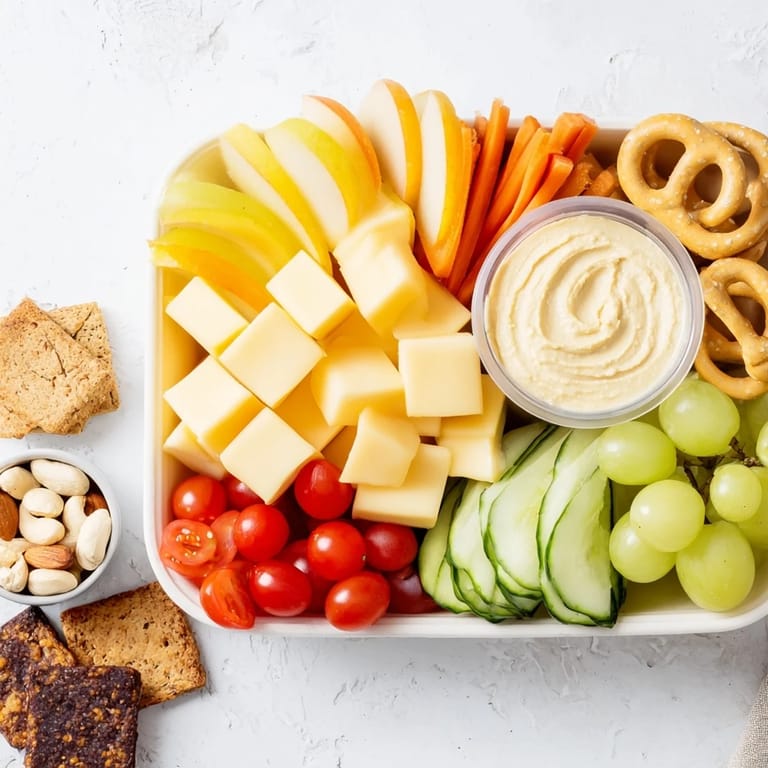 A delicious road trip snack platter featuring an array of easy-to-grab, travel-friendly bites.