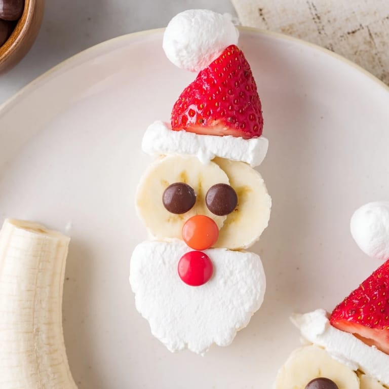 Bright, healthy Banana Santa Snack Sticks presented, with a strawberry Santa hat and chocolate chip eyes ready for kids.