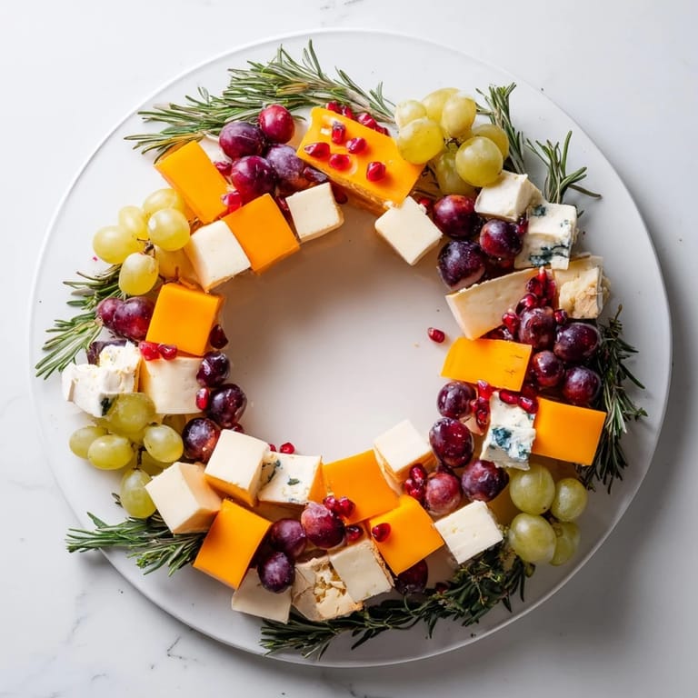 A stunning Holiday Wreath Cheese Ring displays colorful cheeses and fruits arranged beautifully for serving.