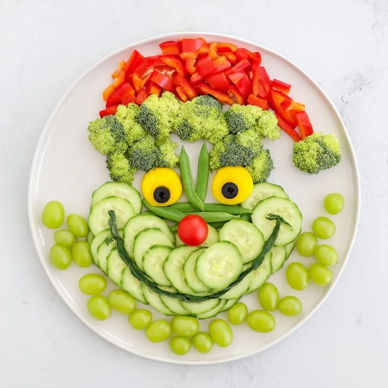 Vibrant Savory Crudités Grinch Face recipe: A creative, healthy snack platter perfect for kids and parties.