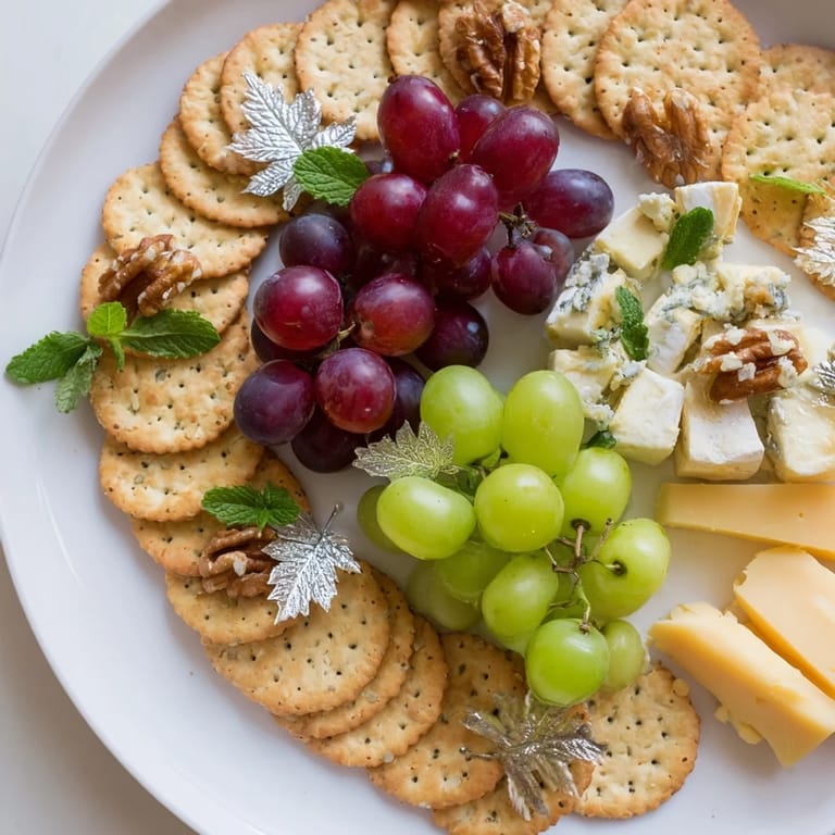 A beautiful serving of Sparkling Grape and Silver Cracker Platter: grapes, cheeses, and shimmering crackers, ready to eat.