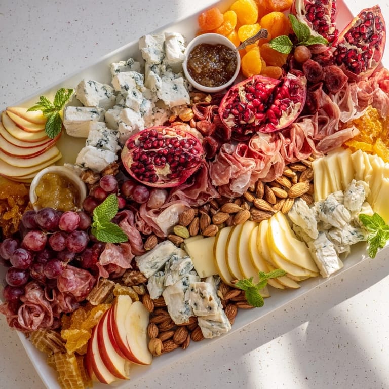 A close-up of a stunning Pomegranate Jewel Cascade, featuring colorful fruits, cheeses, and meats.
