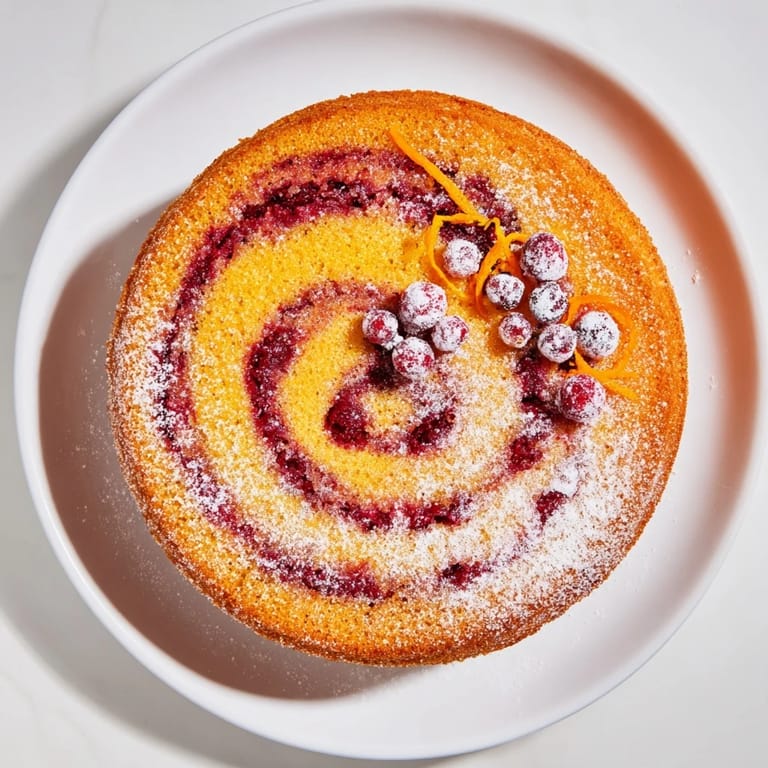 Homemade Cranberry Orange Swirl cake, dusted with powdered sugar and orange zest for serving.