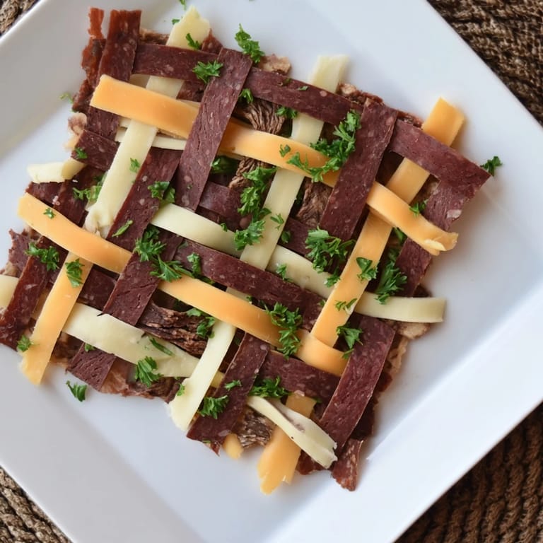 Rich colors and textures of The Tartan Plaid appetizer: savory jerky strips and creamy cheese beautifully arranged.