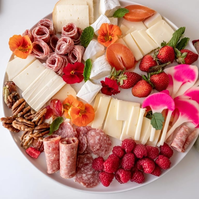 Tropical Flamingo Paradise Board featuring summer fruits and savory cheeses looks enticingly delicious and refreshing.