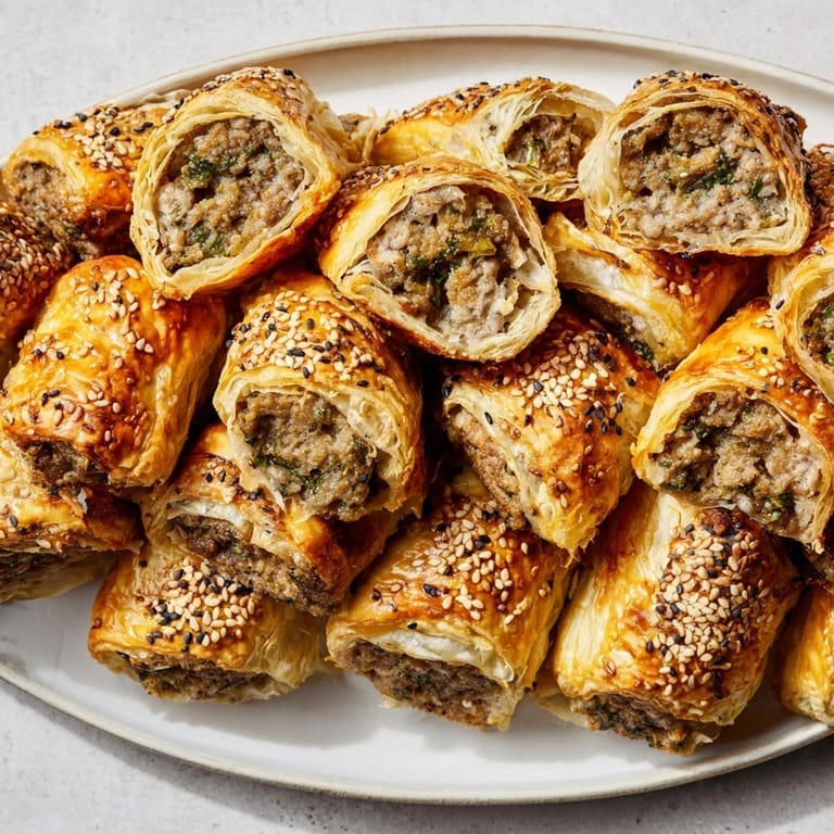 Freshly baked mini sausage rolls displayed in a delicious half-circle wreath, ready for sharing.