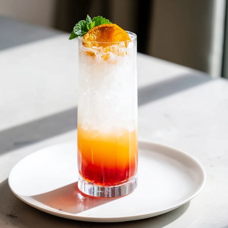 Refreshing Alpine Sunrise layered mocktail, featuring coconut and vibrant sunrise colors and flavors.