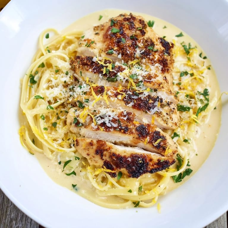 Sliced lemon brûlée chicken atop fresh pasta, glistening with a lemon-butter sauce for this recipe.