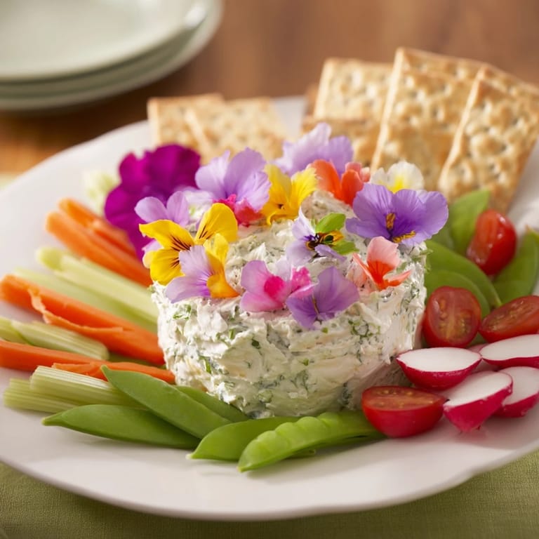 This beautiful fairy garden platter is artfully arranged with edible flowers, crackers, and delicious dips ready to enjoy.