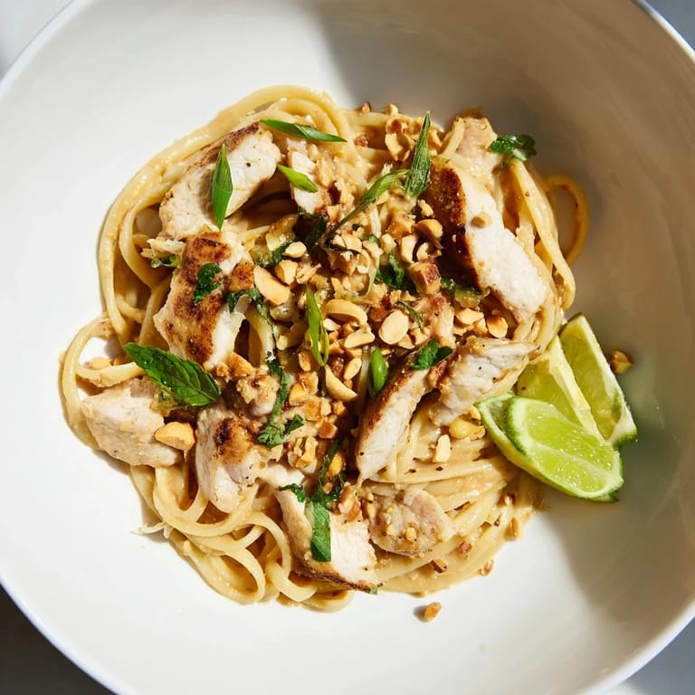 Bright and flavorful Thai Peanut Chicken Pasta, ready to serve with lime wedges and sauce.