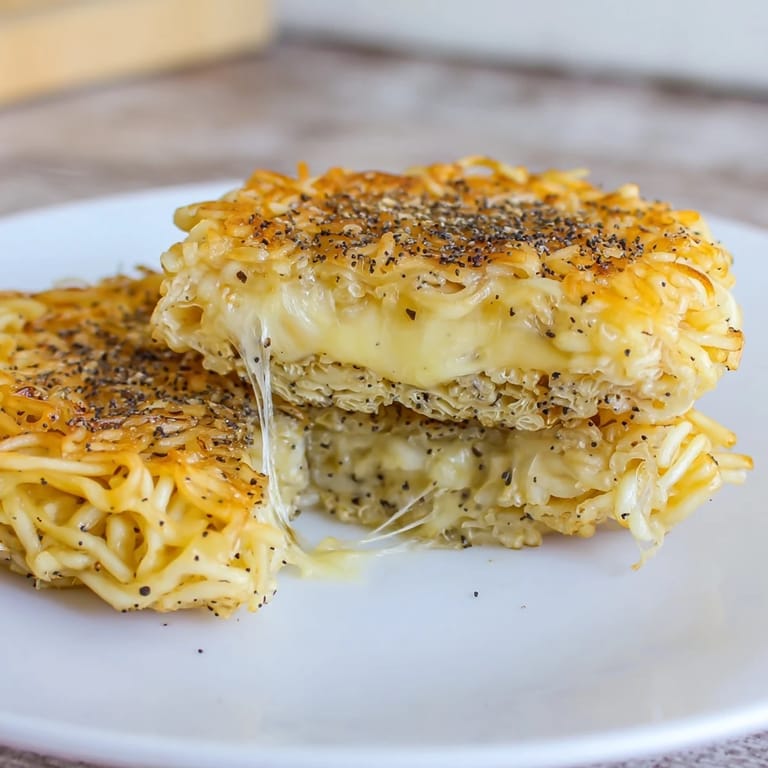 Enjoy a delicious bite of this flavorful Ramen Grilled Cheese, perfect for a comfort food craving.