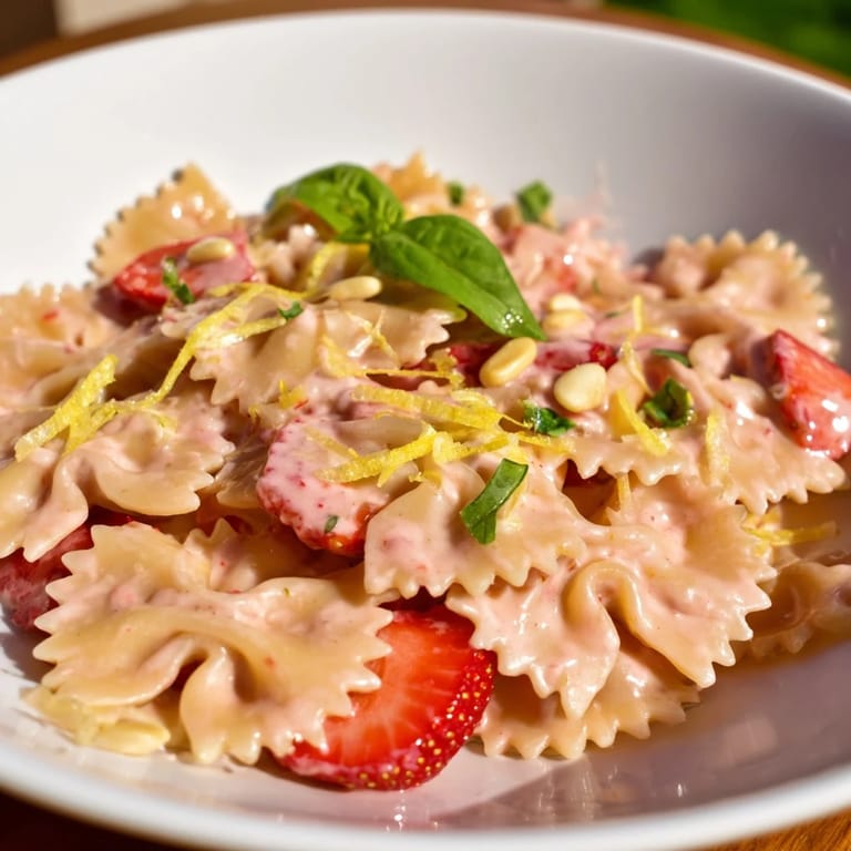 Creamy pink Strawberry Sour Cream Pasta ready to be enjoyed, a vibrant and flavorful main course.