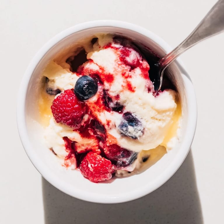 Scoops of homemade cottage cheese ice cream, beautifully pink from blended berries, ready to serve and enjoy.