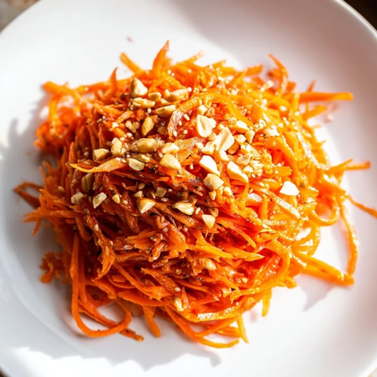 Cool and crunchy Spicy Carrot Salad, a vegan side dish, perfect for summer meals and quick lunches.