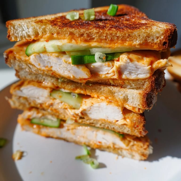 Crispy sourdough hugging a spicy Gochujang Mayo Chicken Sandwich, a flavorful Korean-inspired delight.